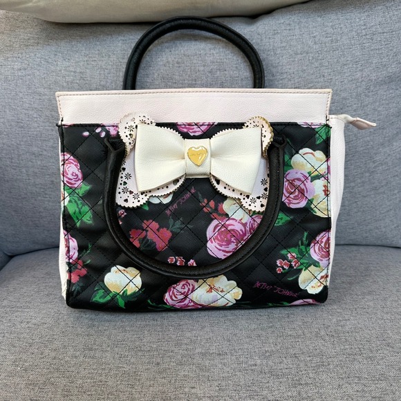 Betsey Johnson Floral Quilted Satchel Bag Pink Coquette Bow Lace Heart - Picture 6 of 9